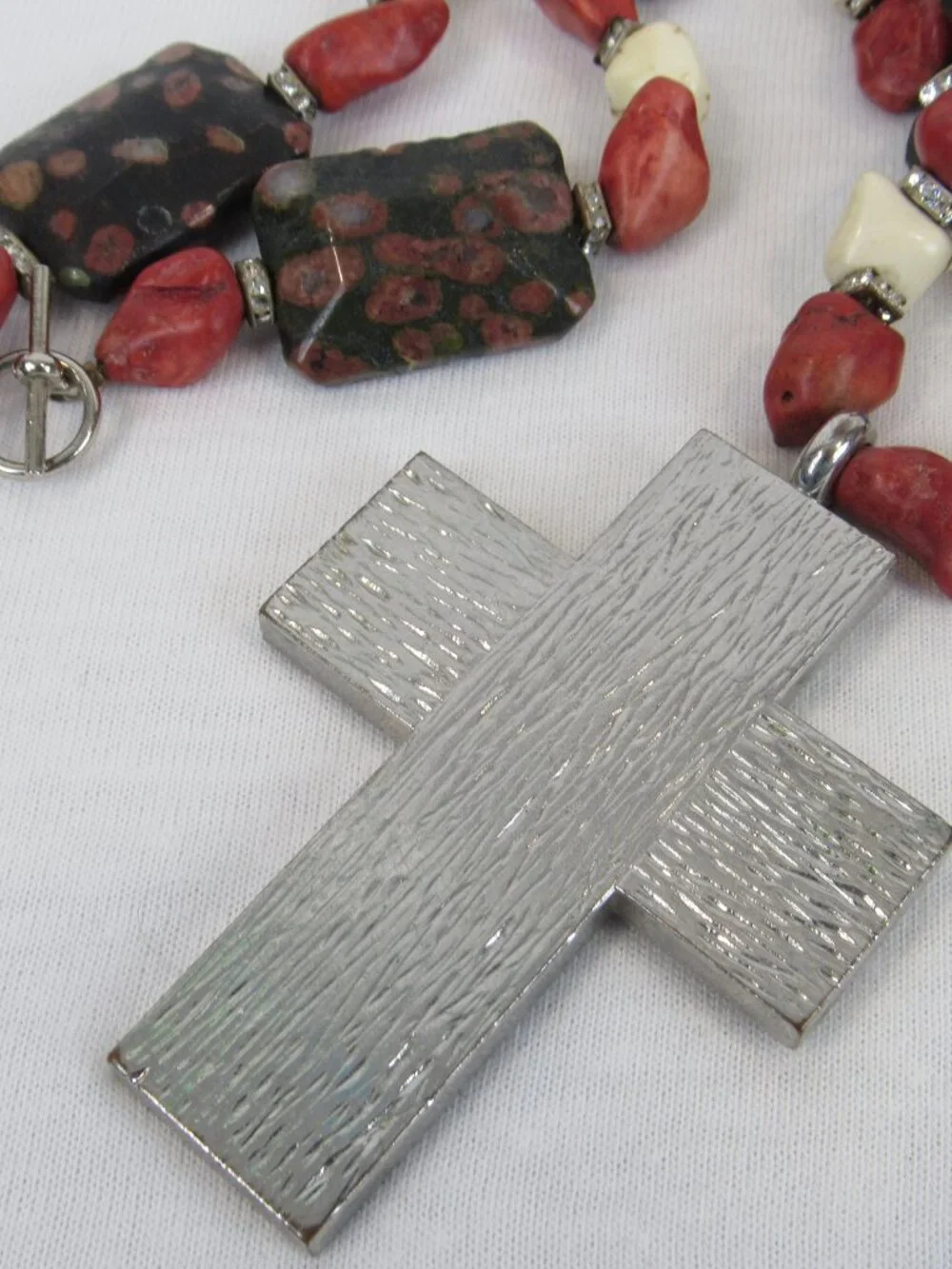 Chunky Beaded Cross Pendant Necklace Red Black Cream Southwestern Boho Statement